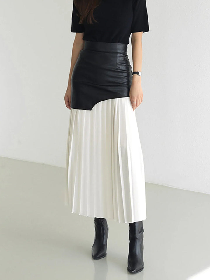 Elora White Asymmetric Patchwork Faux Leather Chiffon Pleated Midi Skirt