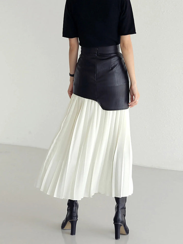 Elora White Asymmetric Patchwork Faux Leather Chiffon Pleated Midi Skirt