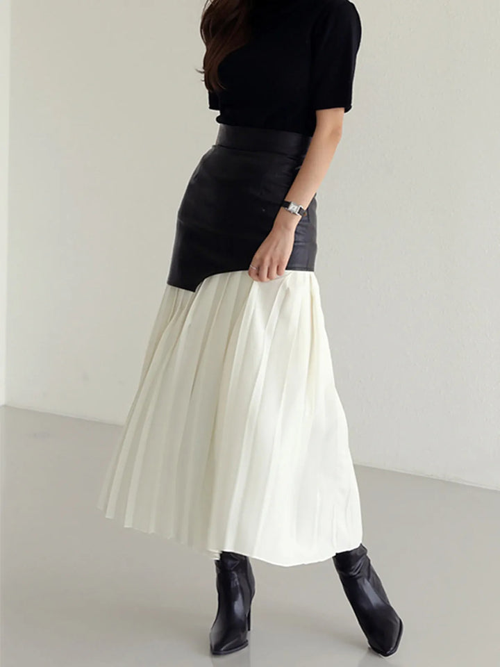 Elora White Asymmetric Patchwork Faux Leather Chiffon Pleated Midi Skirt