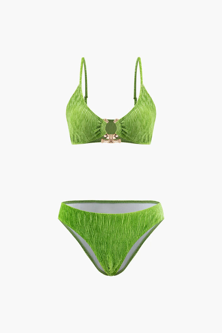 Emmi Green Velvet Textured U-ring Bikini And Sarong Three Pieces Set