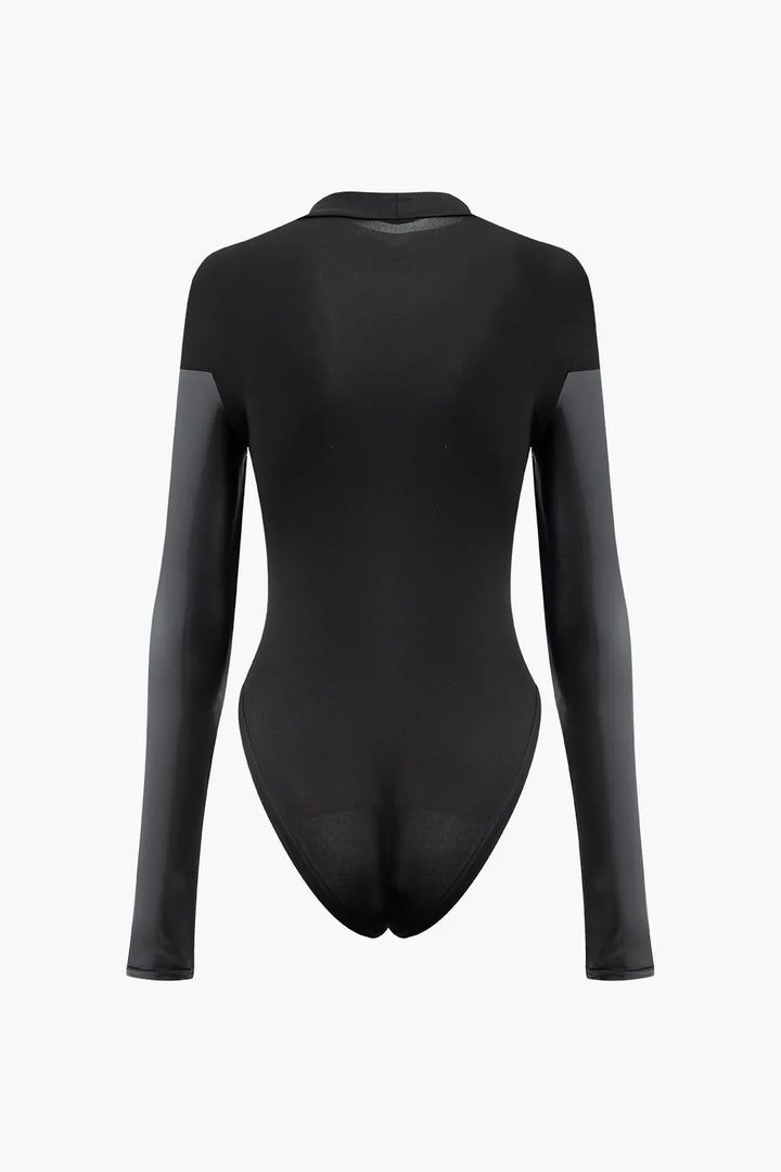 Felixa Black Faux Leather Paneled Long Sleeve Bodysuit