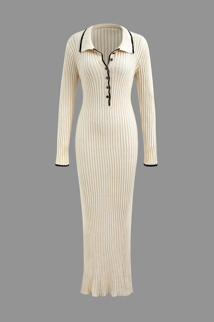 Fiore Beige Long Sleeve Knit Collar Button Maxi Dress