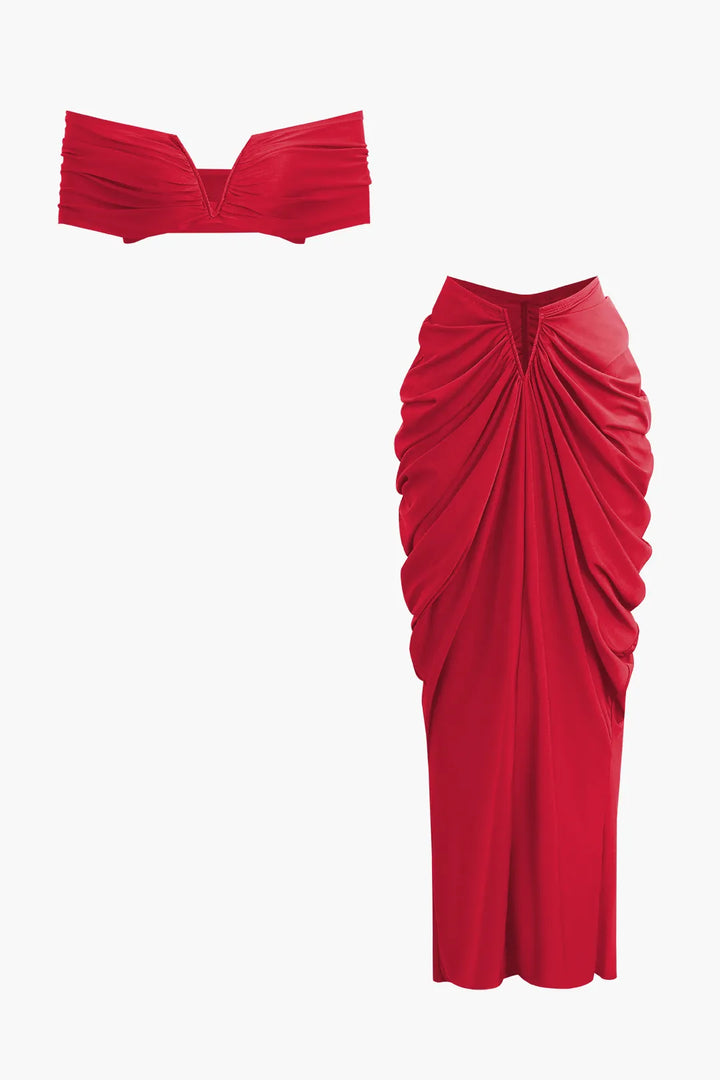 Hailey Solid V-neck Ruched Top and Waist Maxi Skirt Set