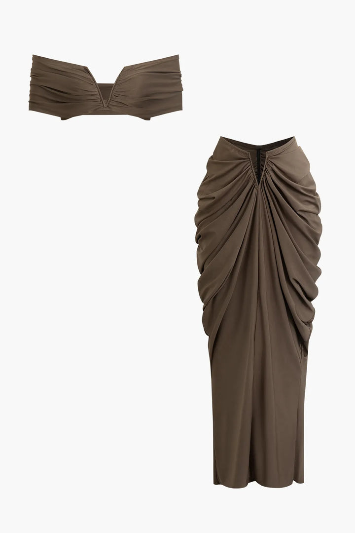 Hailey Solid V-neck Ruched Top and Waist Maxi Skirt Set