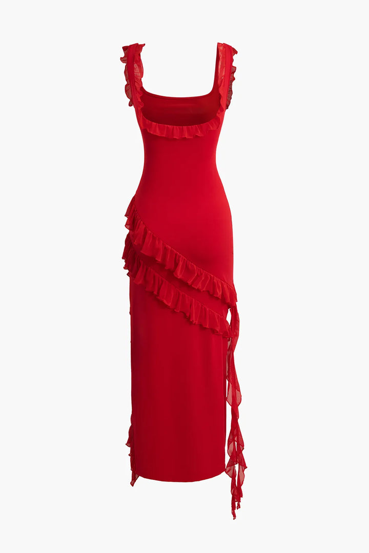 Heisel Red Ruffle Trim Slit Sleeveless Maxi Party Dress