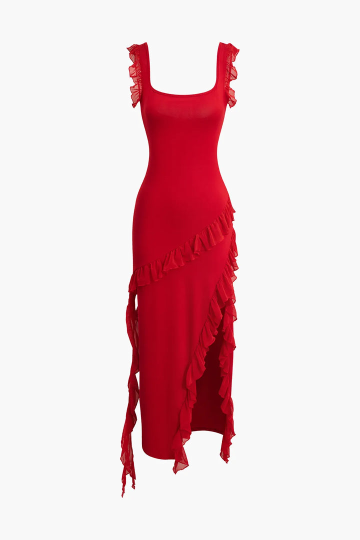 Heisel Red Ruffle Trim Slit Sleeveless Maxi Party Dress