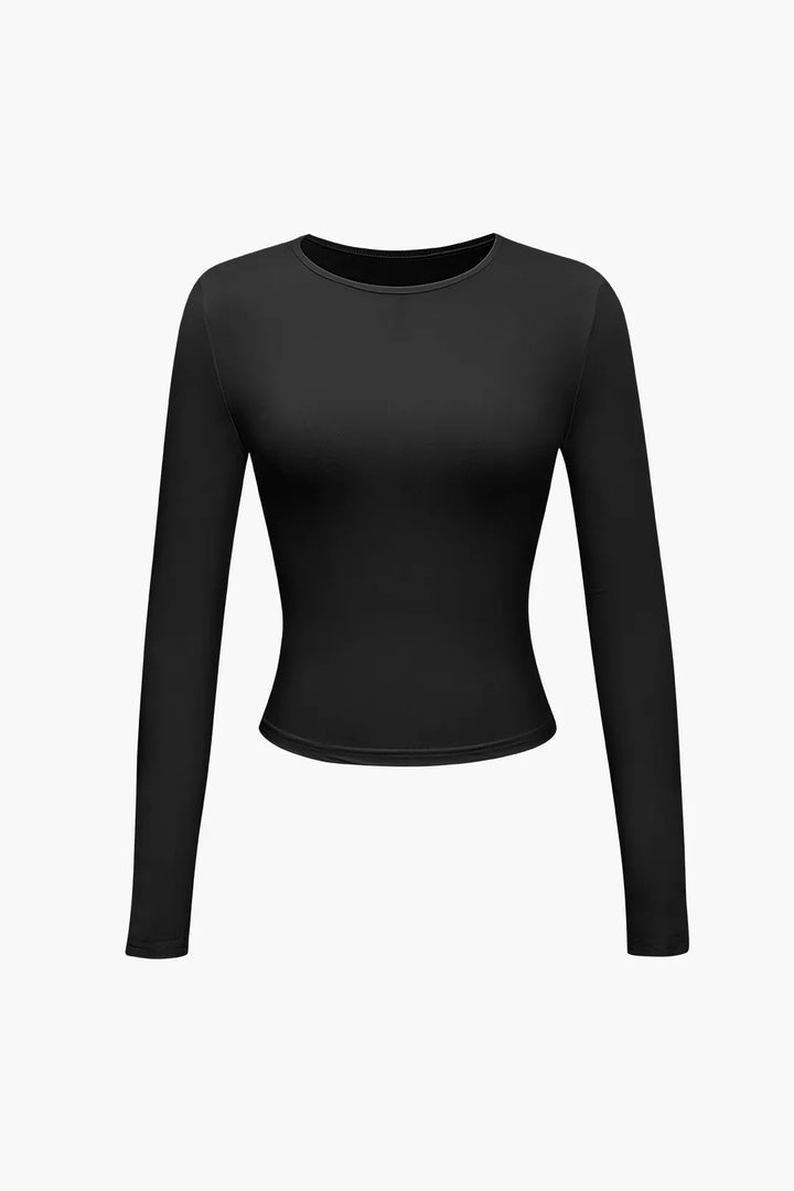 Hilia Black Round Collar Long Sleeve Top