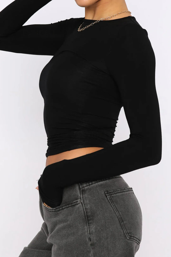 Hilia Black Round Collar Long Sleeve Top