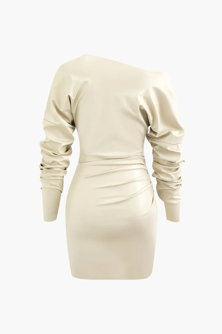 Kalia Beige Asymmetric V-neck Long Sleeve Gathered Mini Dress