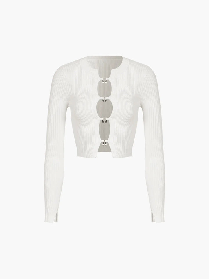 Kanma Solid Cut Out Split Beads Detail Ribbed Knit Top