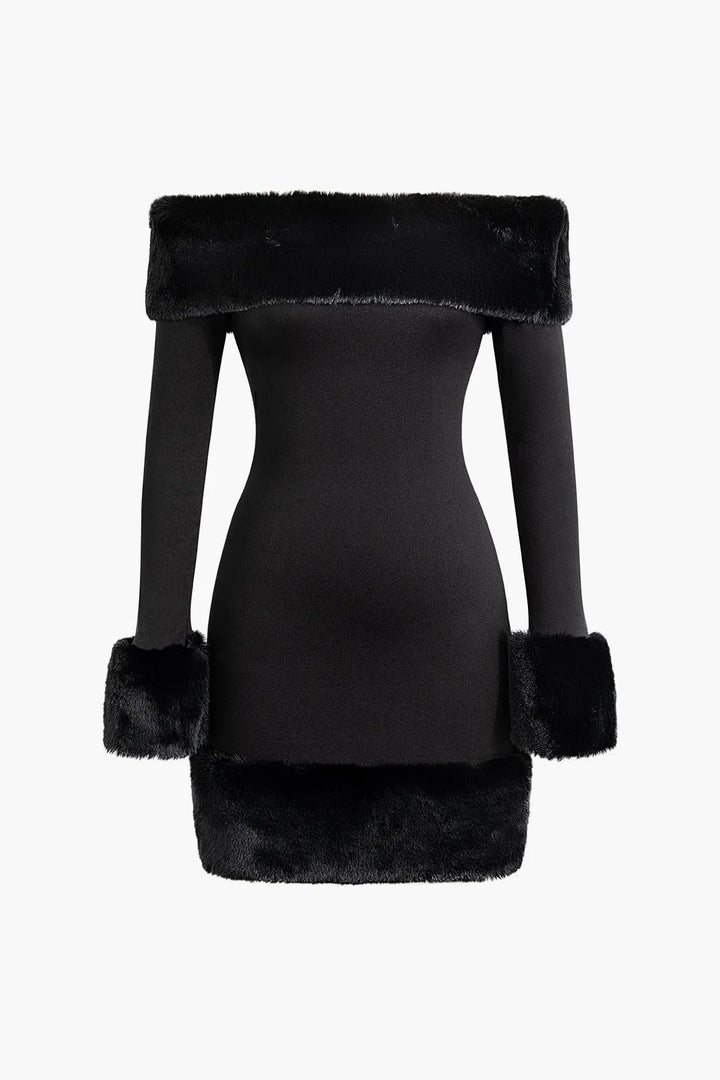 Karina Black Faux Fur Trim Off Shoulder Midi Dress