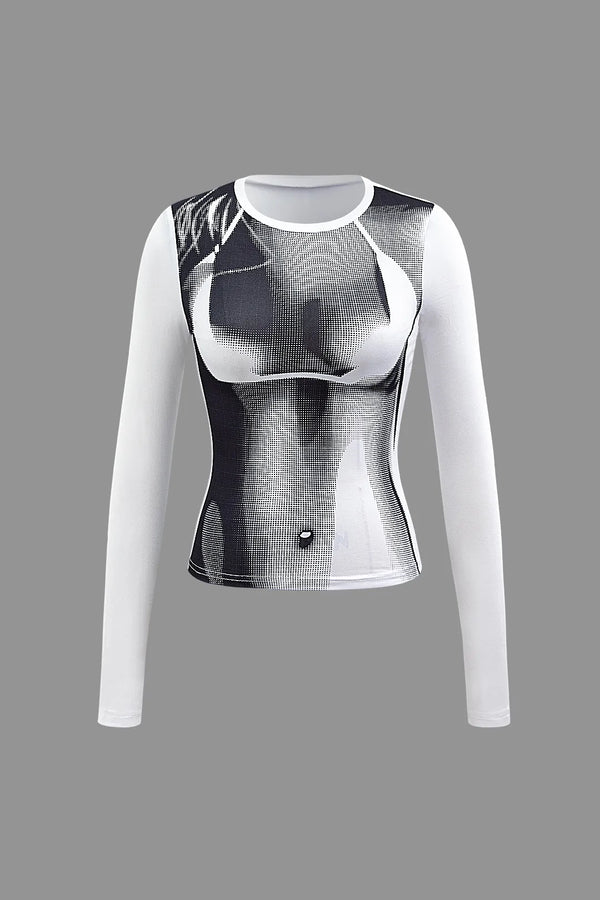 Kerin Black and White Long Sleeve body Printed Top