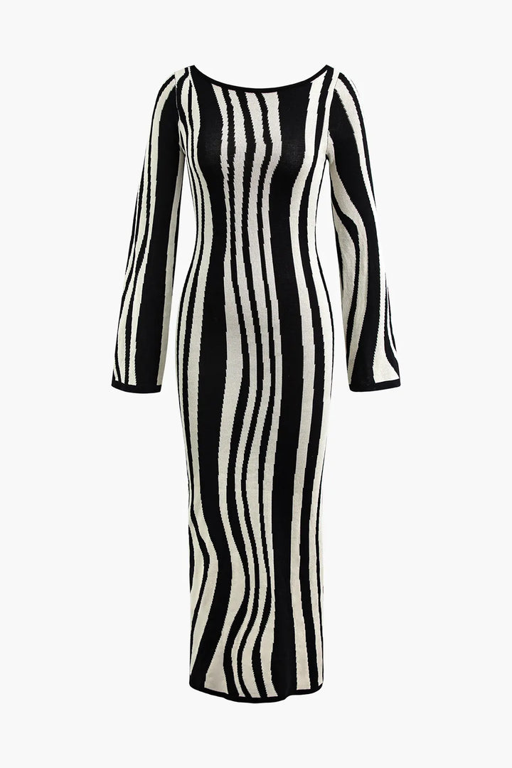 Kimala Black and White Contrast Stripe Long Sleeve Knit Maxi Dress