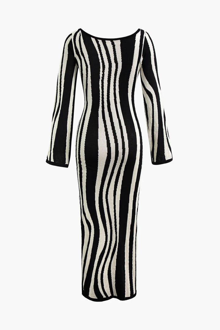 Kimala Black and White Contrast Stripe Long Sleeve Knit Maxi Dress