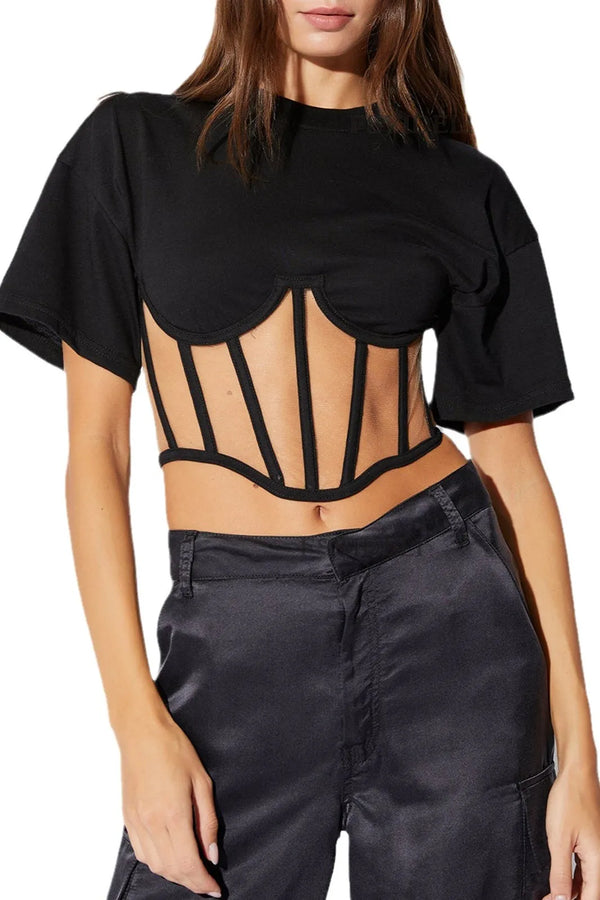 Lako Black Sheer Mesh Round Neck Top