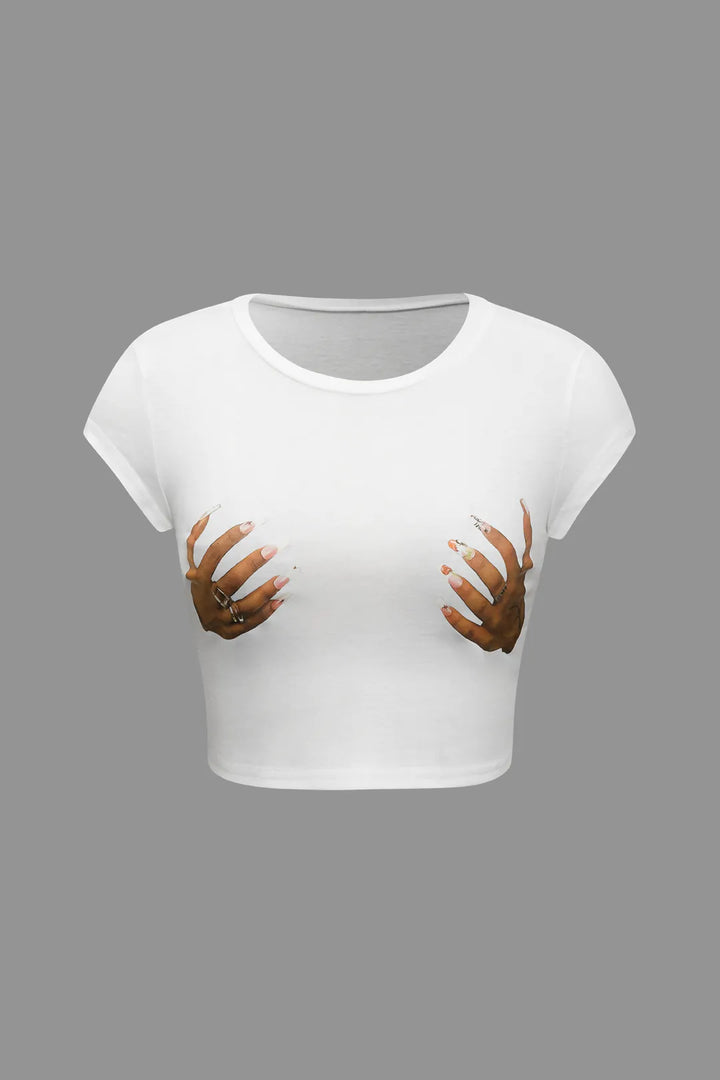 Lalipa White Hands Printed Round Neck Crop T-shirt