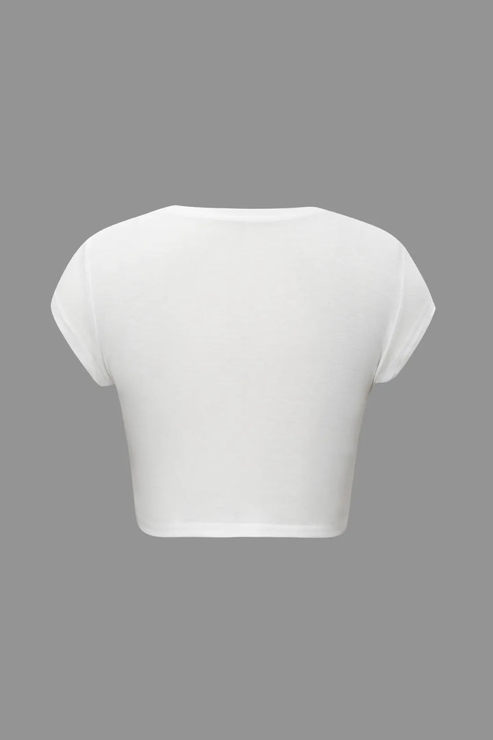 Lalipa White Hands Printed Round Neck Crop T-shirt