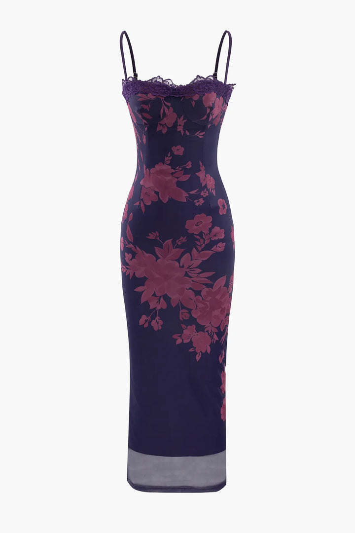 Lestie Purple Floral Printed Lace Slit Maxi Dress