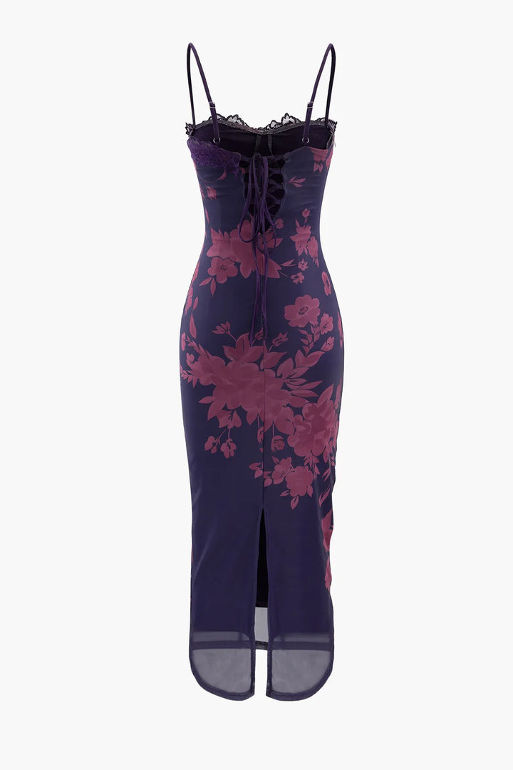 Lestie Purple Floral Printed Lace Slit Maxi Dress