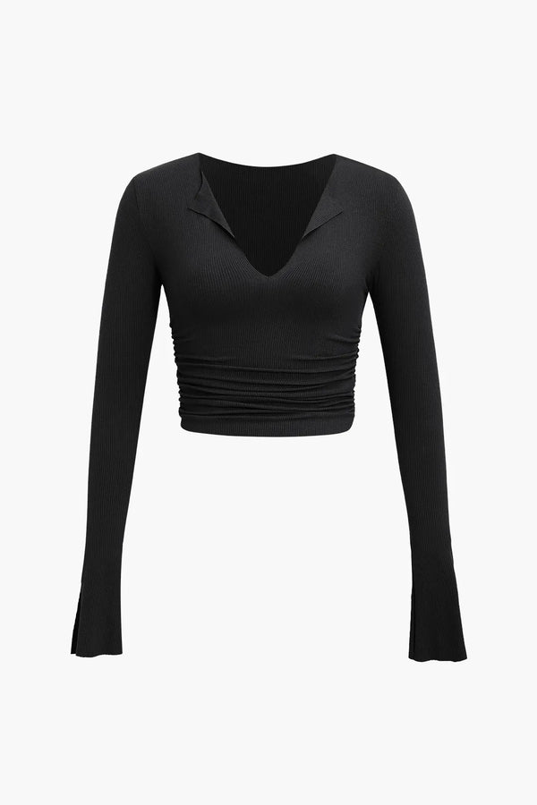 Livana Black Ruched Slit Sleeve V-neck Top