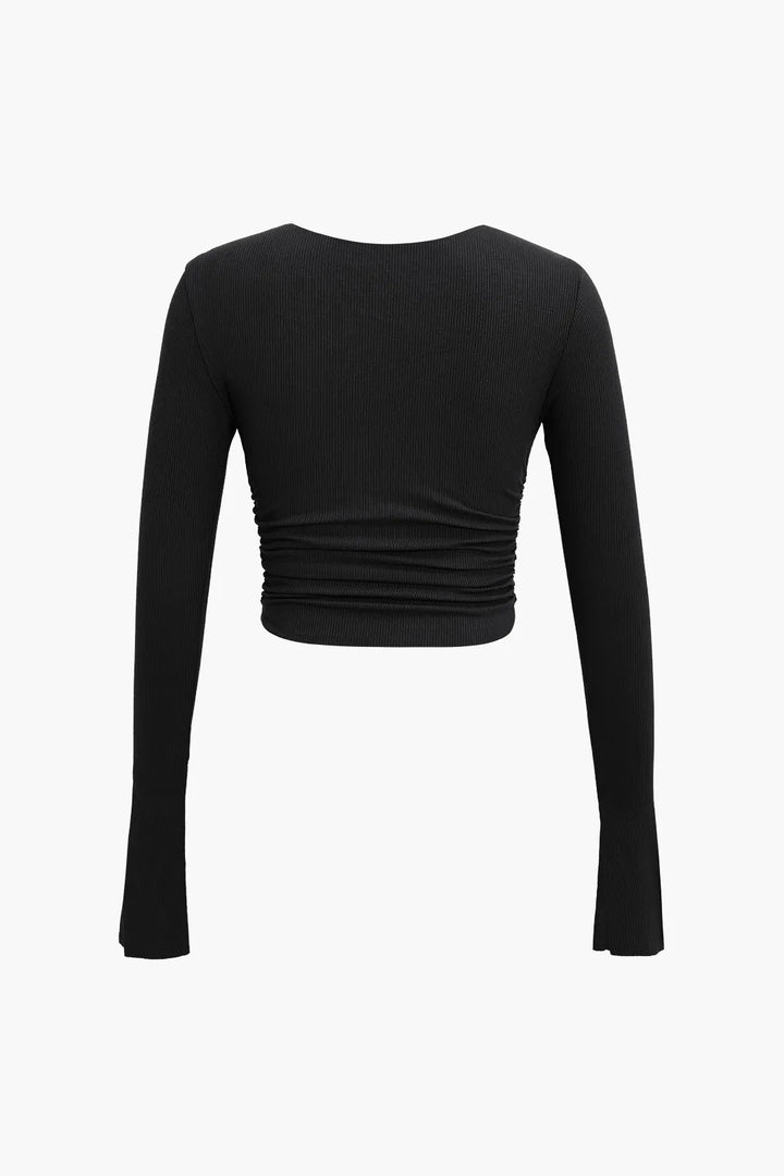 Livana Black Ruched Slit Sleeve V-neck Top