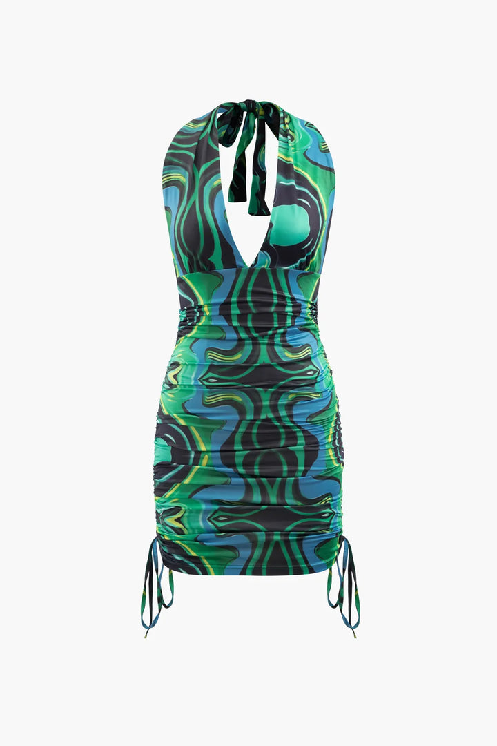 Mattey Green Printed Tie Ruched Halter Bodycon Mini Dress