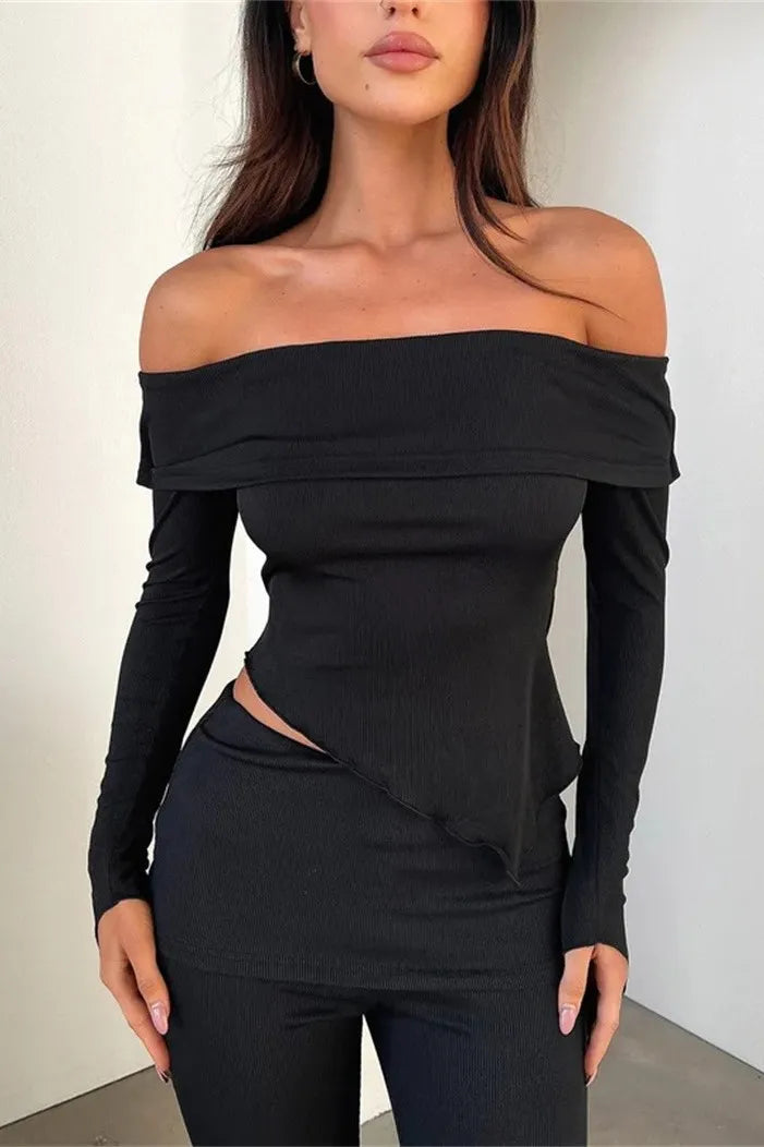 Melany Black Asymmetrical Off Shoulder Long Sleeve Top