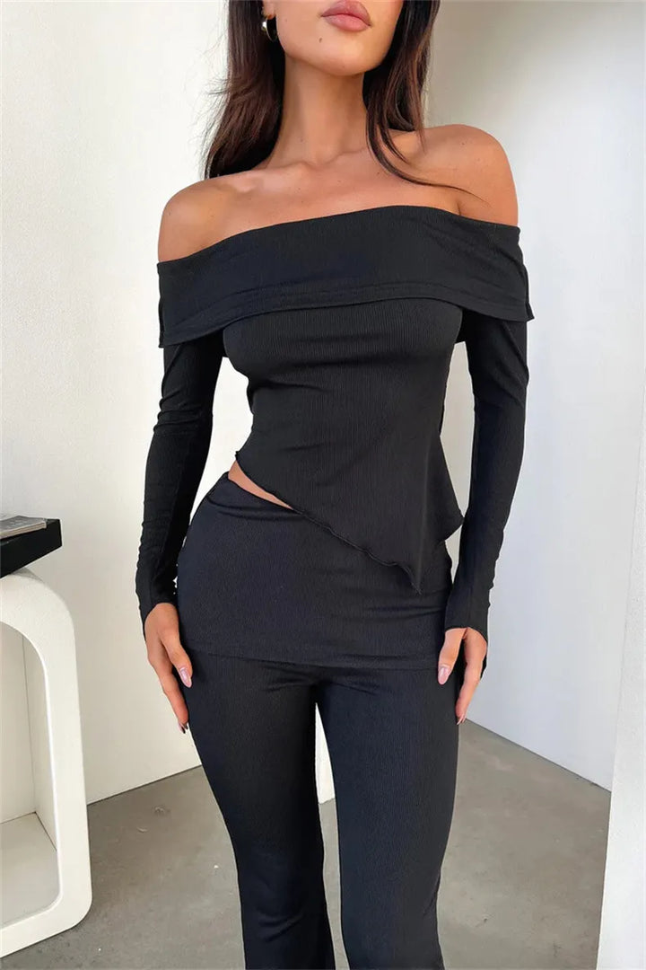 Melany Black Asymmetrical Off Shoulder Long Sleeve Top