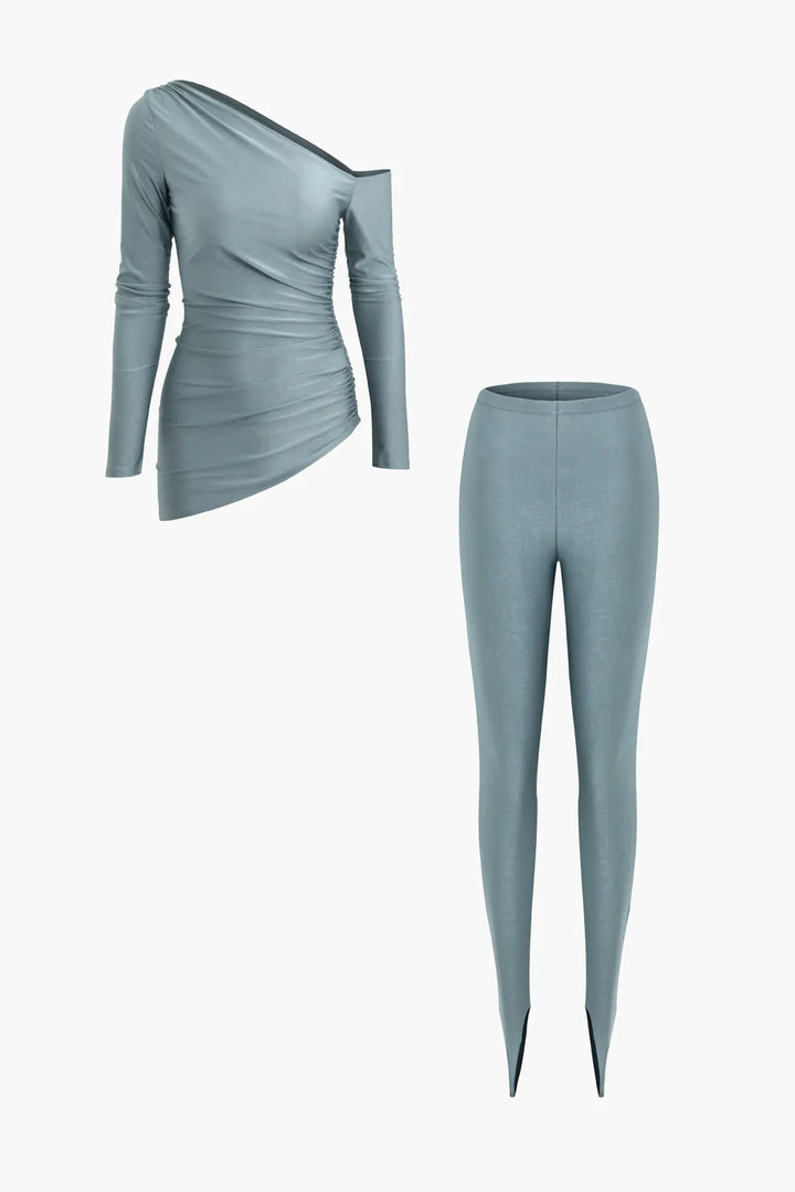 Mia Blue Asymmetrical Ruched Long Sleeve Top and Slim Fit Pants Set