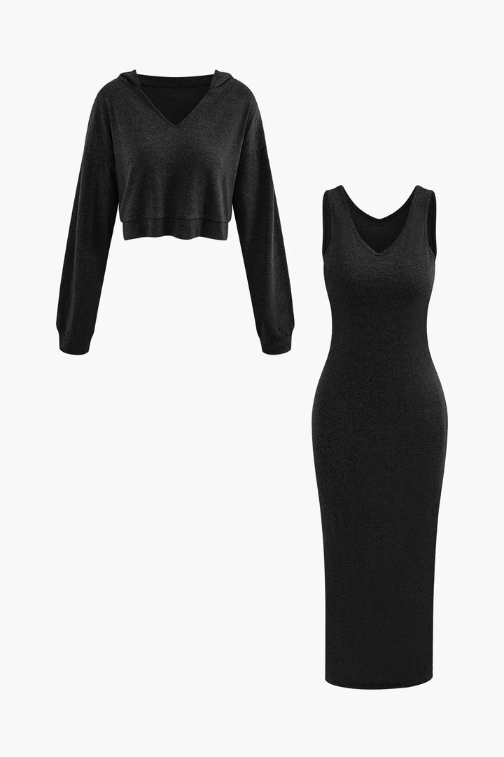 Mio Black V-neck Sleeveless Maxi Dress and Hooded Crop Sweatshirt Set