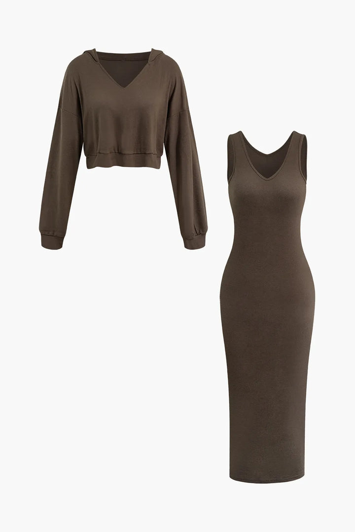 Mio Brown V-neck Sleeveless Maxi Dress and Hooded Crop Sweatshirt Set