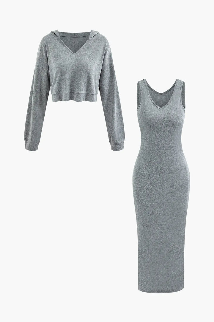 Mio Grey V-neck Sleeveless Maxi Dress and Hooded Crop Sweatshirt Set