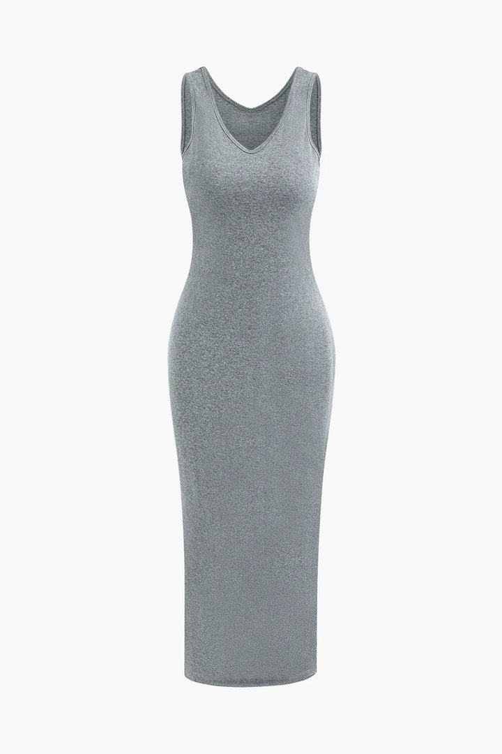 Mio Grey V-neck Sleeveless Maxi Dress and Hooded Crop Sweatshirt Set