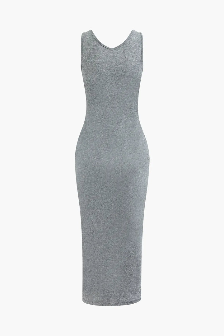 Mio Grey V-neck Sleeveless Maxi Dress and Hooded Crop Sweatshirt Set