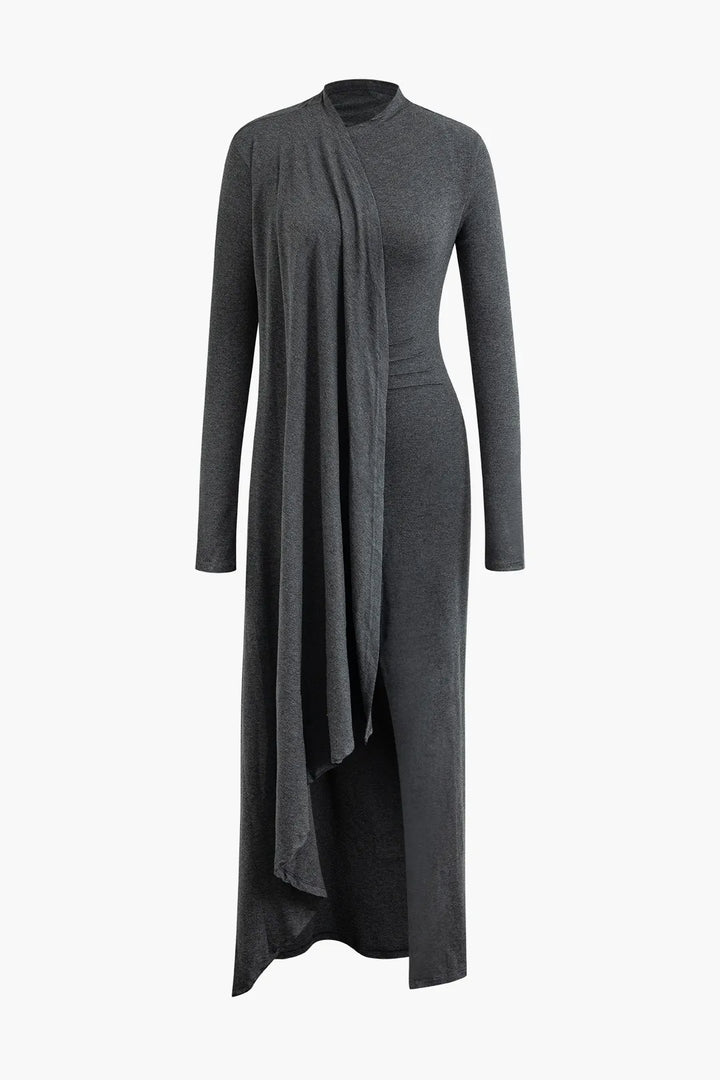 Moko Grey Wrap Ruched Long Sleeve Slit Maxi Dress