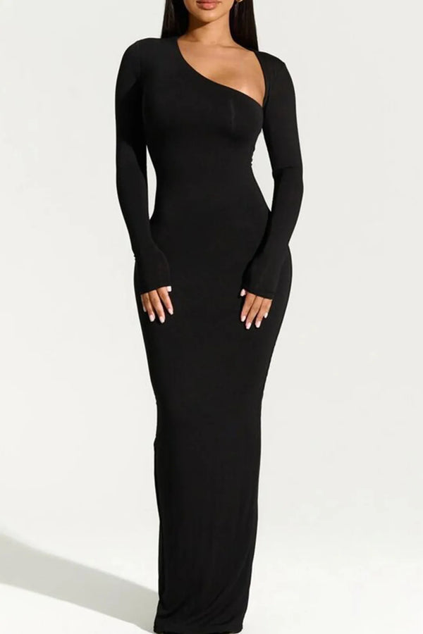 Nico Black Asymmetrical Slit Maxi Bodycon Dress