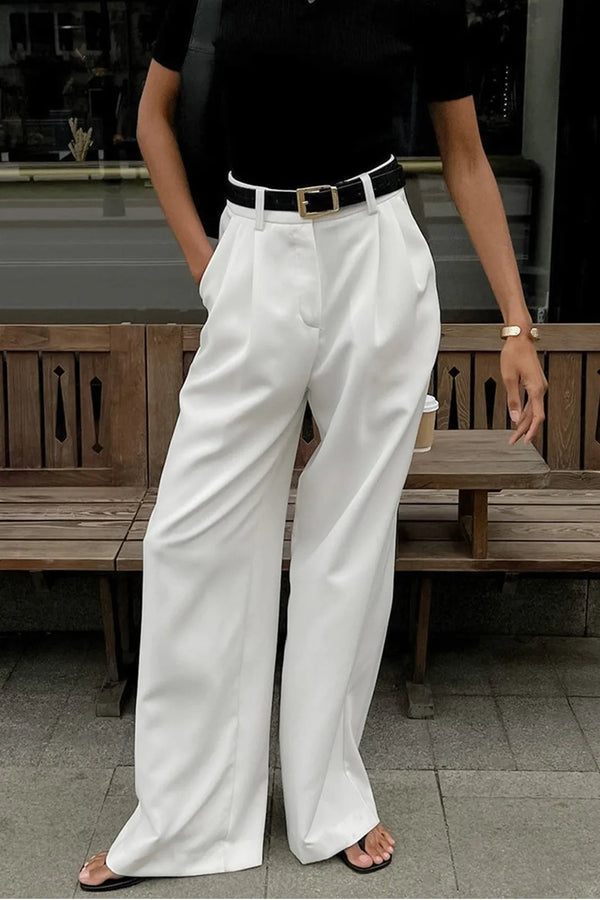 Ohla Solid White Wide Leg Pants Without Belt