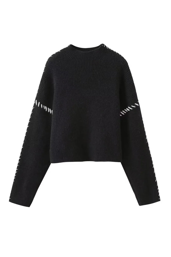 Olga Black and White Contrast Whipstitching Long Sleeve Sweater