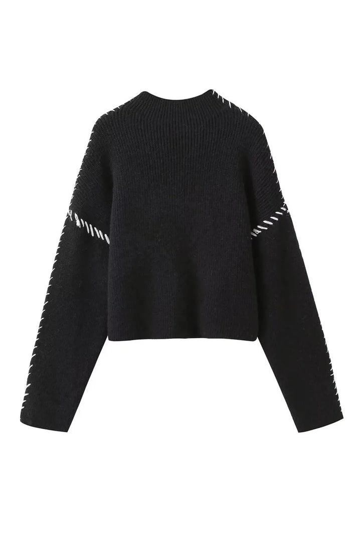 Olga Black and White Contrast Whipstitching Long Sleeve Sweater