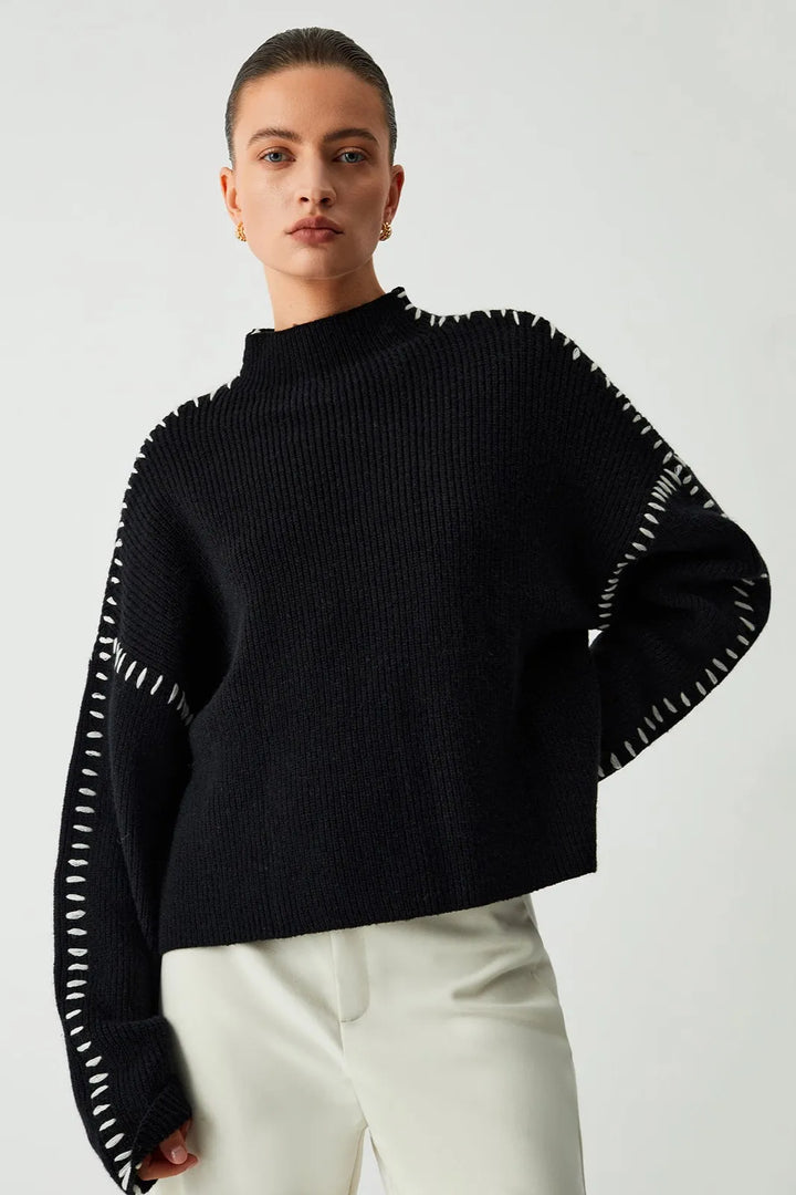 Olga Black and White Contrast Whipstitching Long Sleeve Sweater