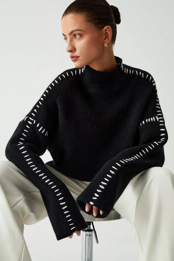 Olga Black and White Contrast Whipstitching Long Sleeve Sweater