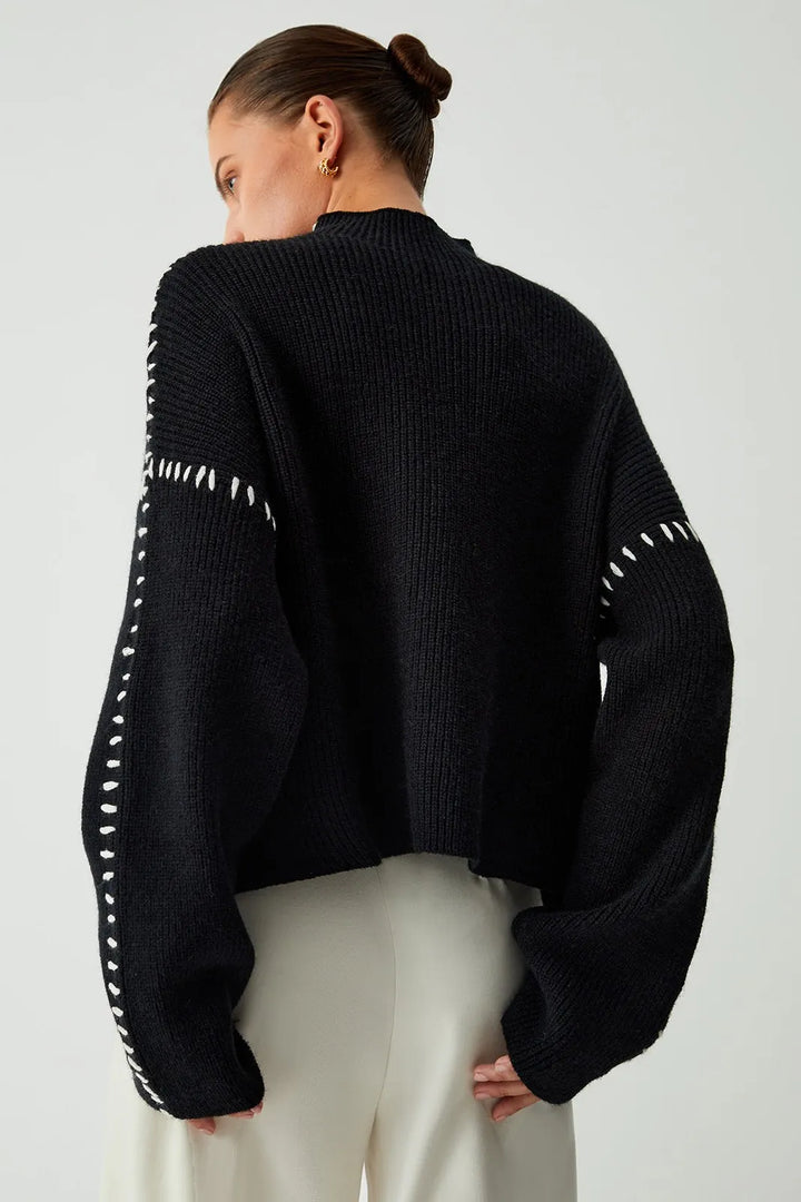 Olga Black and White Contrast Whipstitching Long Sleeve Sweater