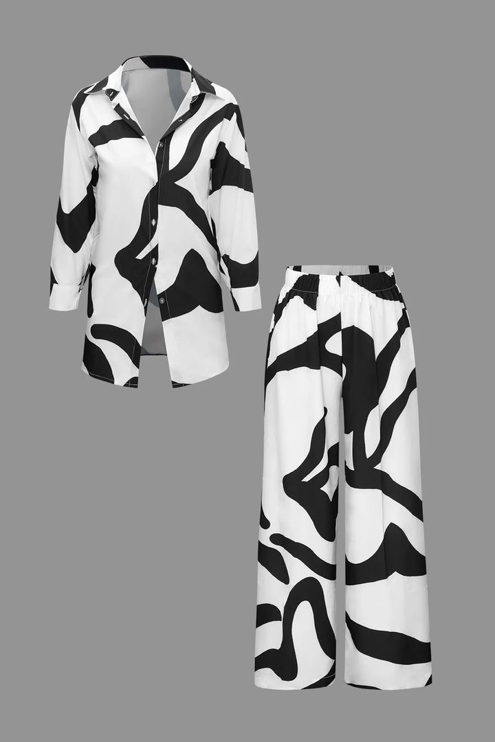 Paloma Black and White Line Printed Button Up Shirt and High Waist Wide Leg Pants Set