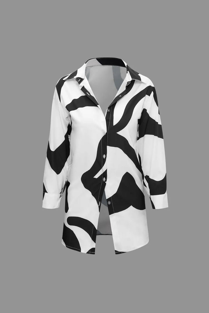 Paloma Black and White Line Printed Button Up Shirt and High Waist Wide Leg Pants Set