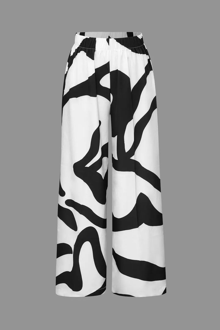 Paloma Black and White Line Printed Button Up Shirt and High Waist Wide Leg Pants Set