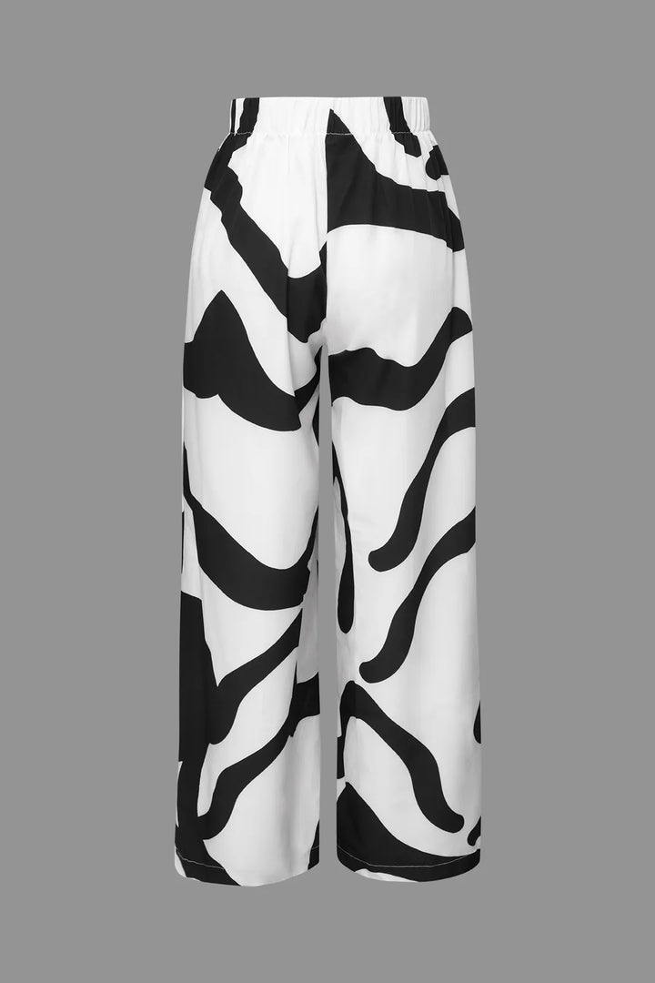 Paloma Black and White Line Printed Button Up Shirt and High Waist Wide Leg Pants Set