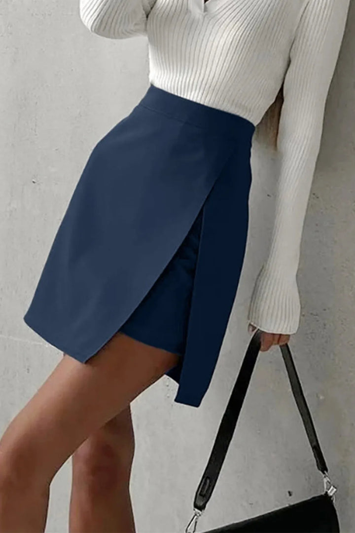 Paza Solid Blue Asymmetric Layered Split Mini Skirt