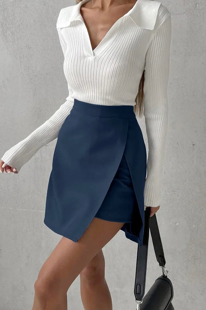 Paza Solid Blue Asymmetric Layered Split Mini Skirt