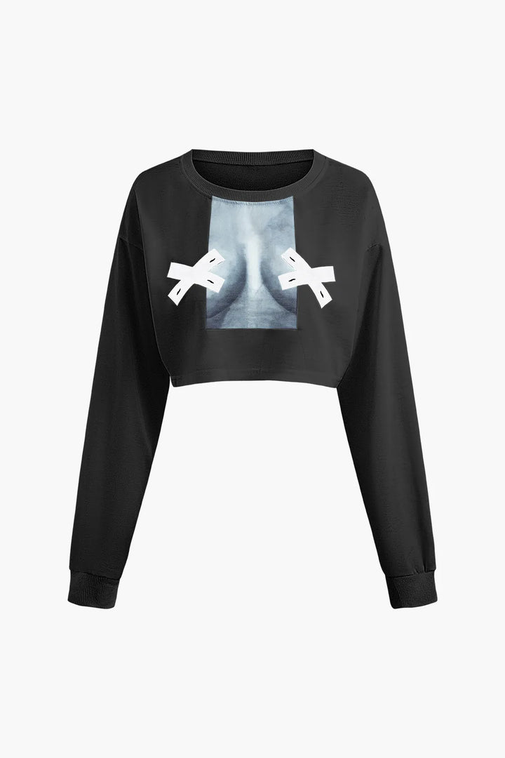 Pelze Black Round Neck Printed Long Sleeve Crop Top