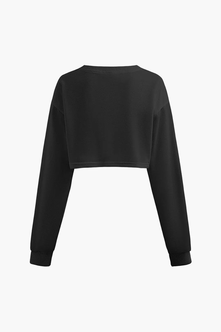 Pelze Black Round Neck Printed Long Sleeve Crop Top